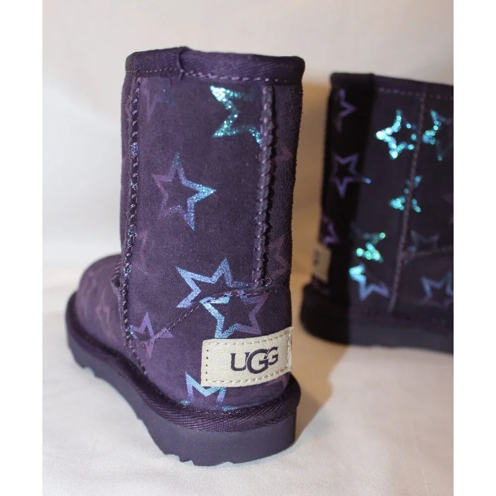NIB UGG TODDLER CLASSIC‎ SHORTS STARS SUEDE SHEARLING LINED BOOTS PURPLE 6
